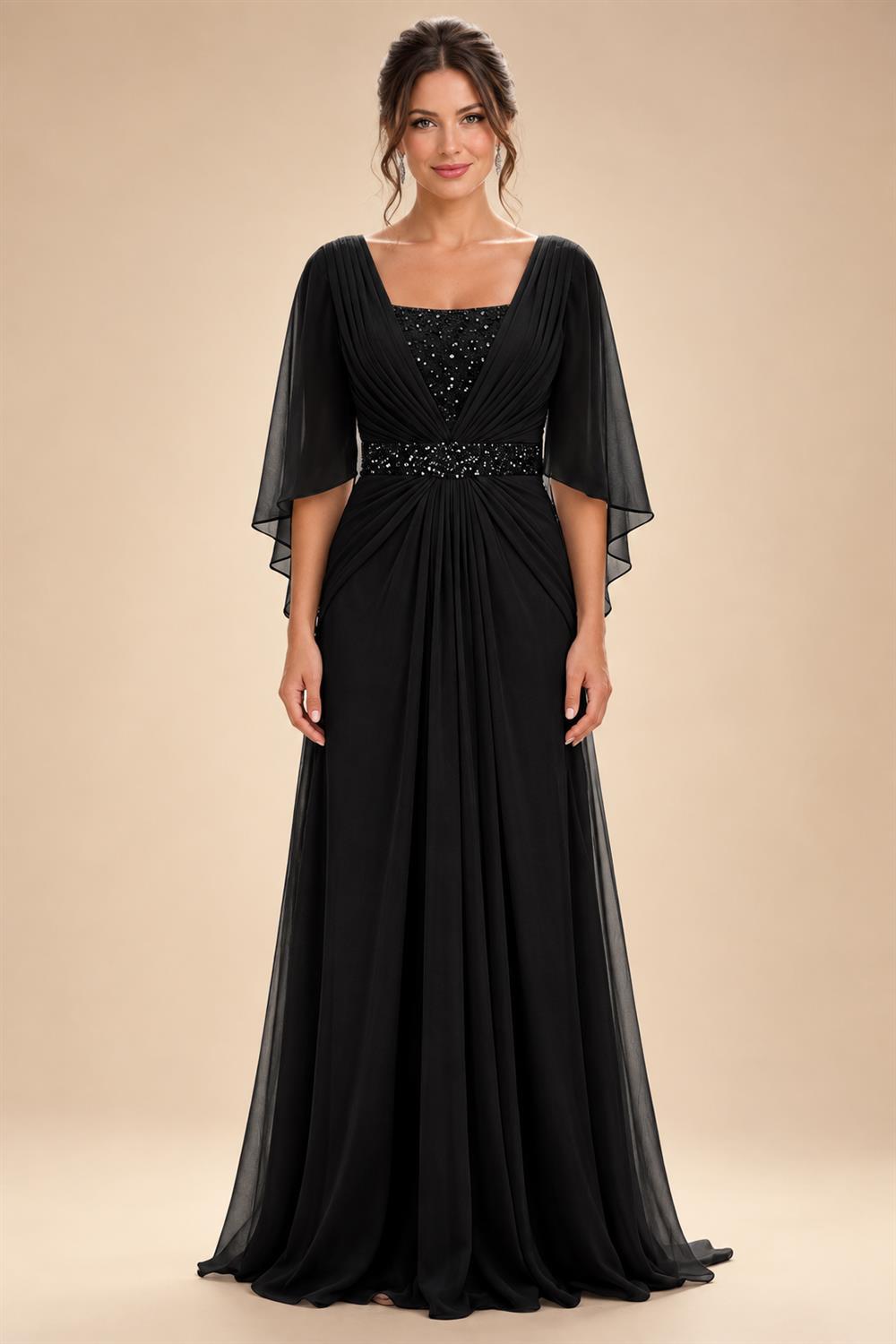 A-Line Chiffon Pleated Long Mother of the Bride & Groom Dresses with 3/4 Flutter Sleeves & Sequin Waist (SHI22500702)