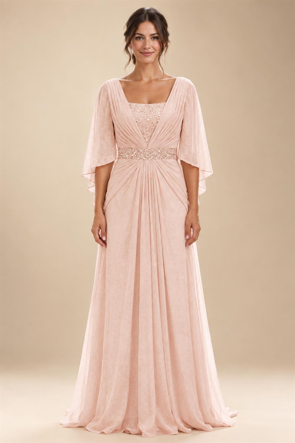 A-Line Chiffon Pleated Long Mother of the Bride & Groom Dresses with 3/4 Flutter Sleeves & Sequin Waist (SHI22500702)