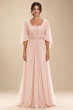 A-Line Chiffon Pleated Long Mother of the Bride & Groom Dresses with 3/4 Flutter Sleeves & Sequin Waist (SHI22500702)