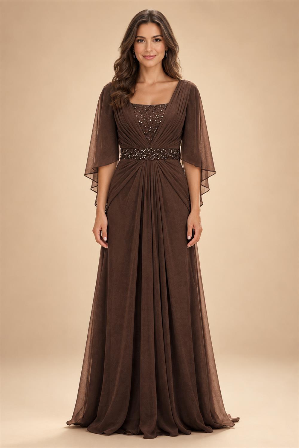 A-Line Chiffon Pleated Long Mother of the Bride & Groom Dresses with 3/4 Flutter Sleeves & Sequin Waist (SHI22500702)