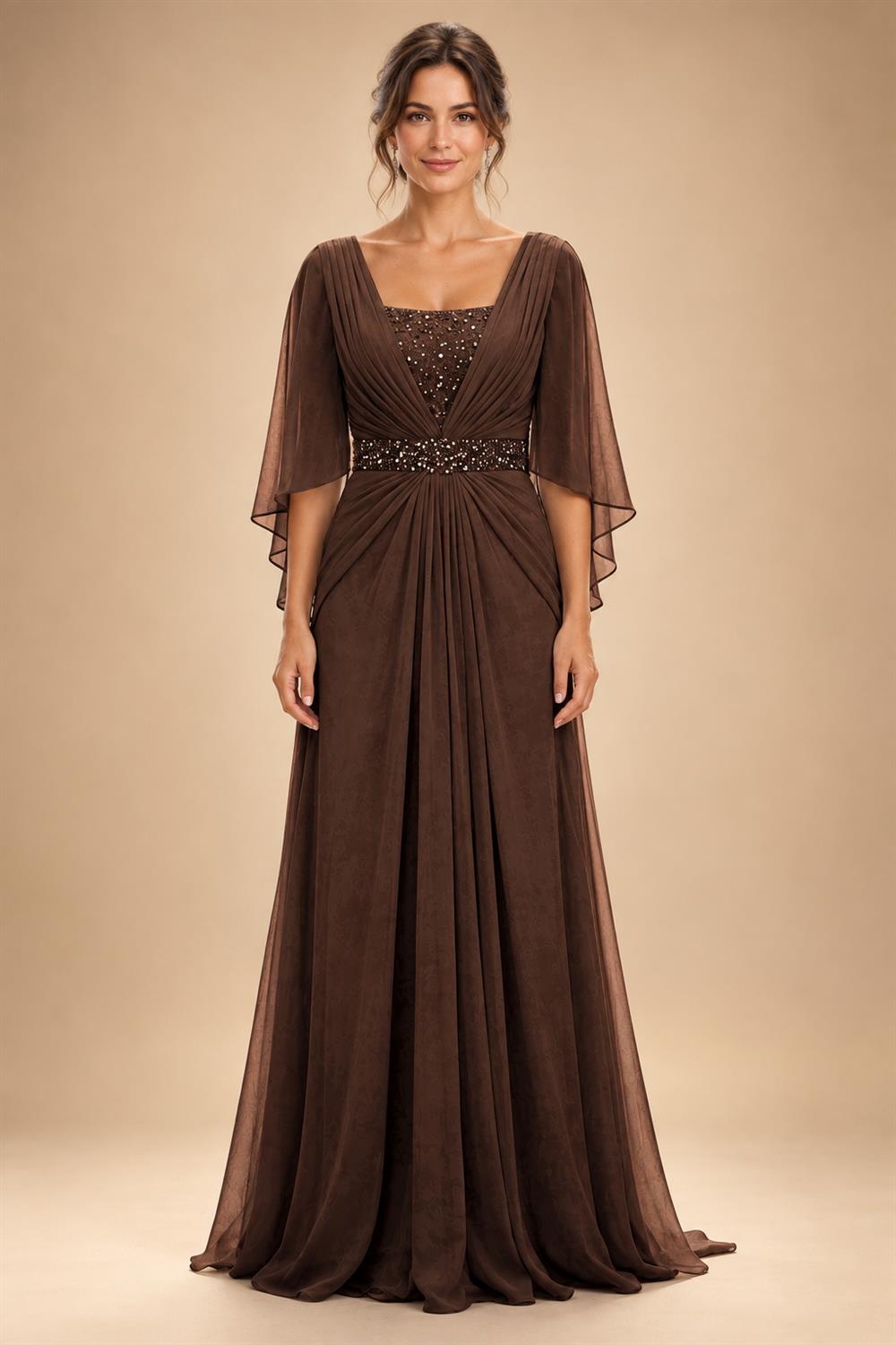 A-Line Chiffon Pleated Long Mother of the Bride & Groom Dresses with 3/4 Flutter Sleeves & Sequin Waist (SHI22500702)