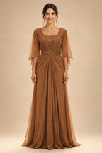 A-Line Chiffon Pleated Long Mother of the Bride & Groom Dresses with 3/4 Flutter Sleeves & Sequin Waist (SHI22500702)