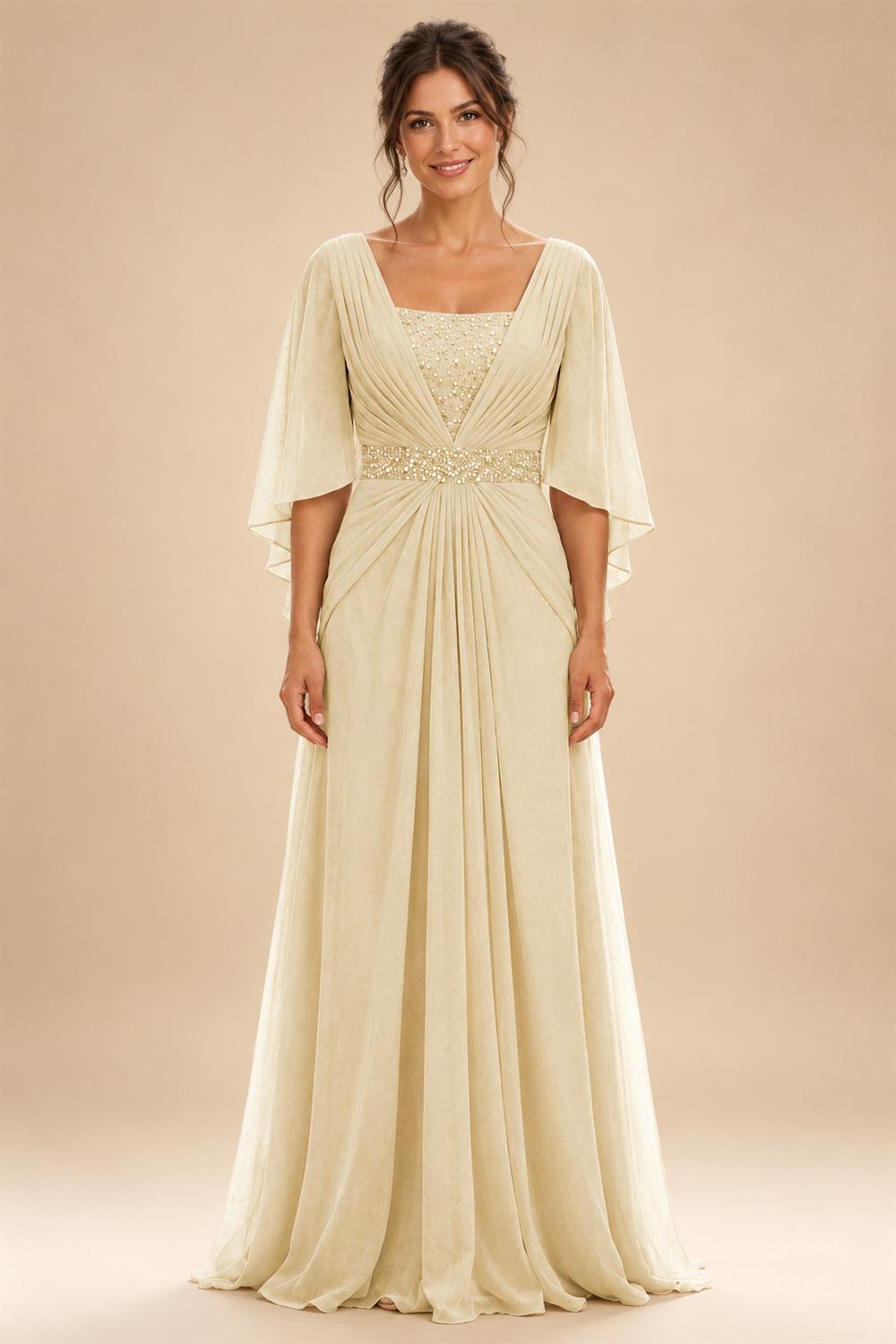 A-Line Chiffon Pleated Long Mother of the Bride & Groom Dresses with 3/4 Flutter Sleeves & Sequin Waist (SHI22500702)