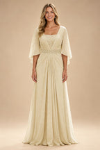 A-Line Chiffon Pleated Long Mother of the Bride & Groom Dresses with 3/4 Flutter Sleeves & Sequin Waist (SHI22500702)