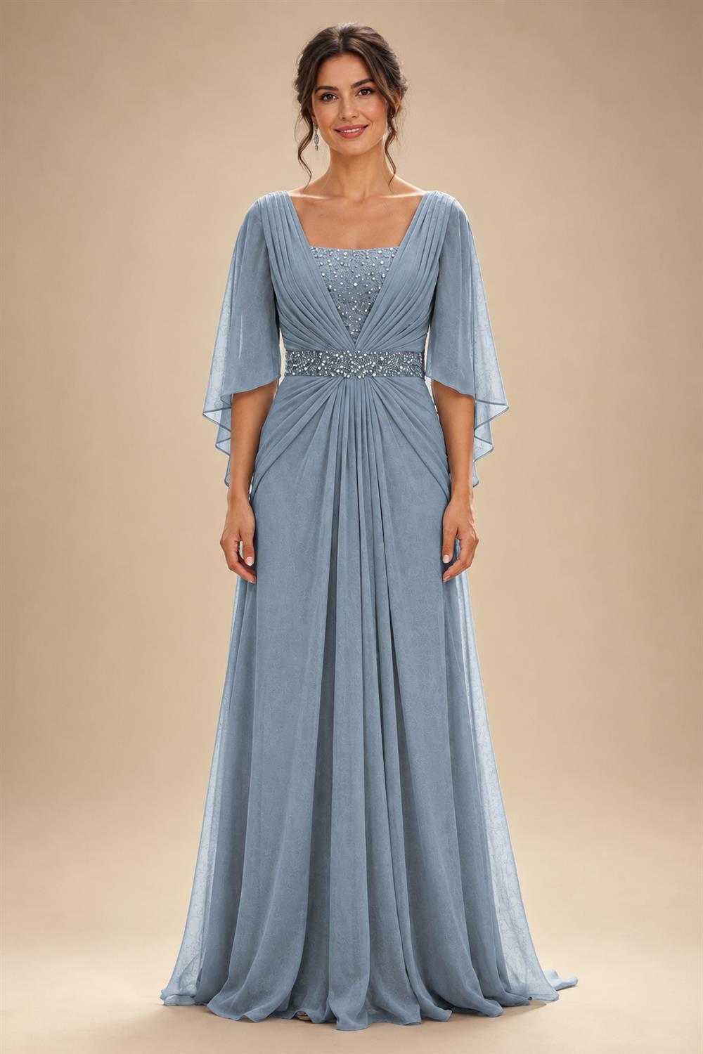 A-Line Chiffon Pleated Long Mother of the Bride & Groom Dresses with 3/4 Flutter Sleeves & Sequin Waist (SHI22500702)