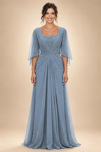 A-Line Chiffon Pleated Long Mother of the Bride & Groom Dresses with 3/4 Flutter Sleeves & Sequin Waist (SHI22500702)