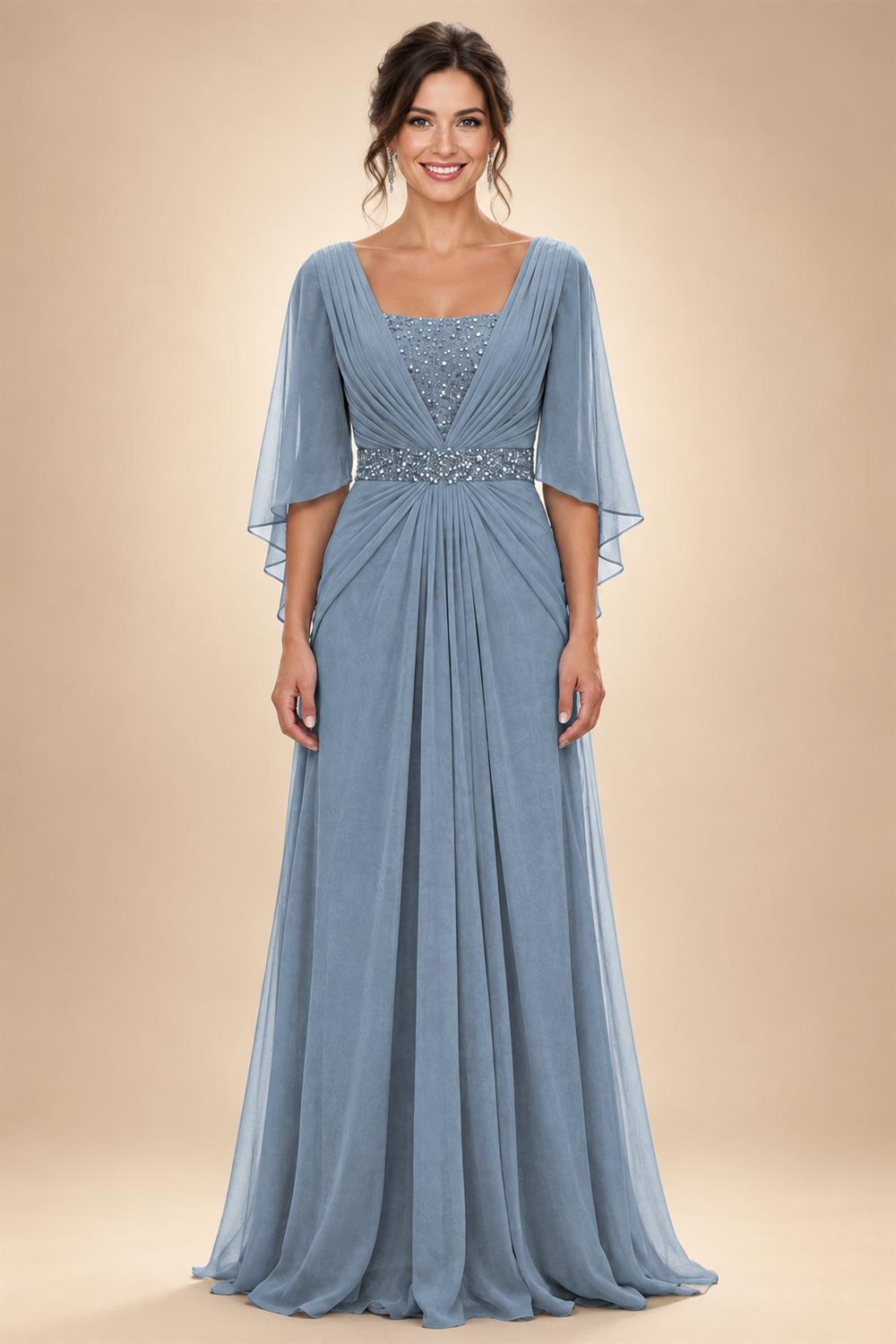 A-Line Chiffon Pleated Long Mother of the Bride & Groom Dresses with 3/4 Flutter Sleeves & Sequin Waist (SHI22500702)