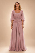 A-Line Chiffon Pleated Long Mother of the Bride & Groom Dresses with 3/4 Flutter Sleeves & Sequin Waist (SHI22500702)