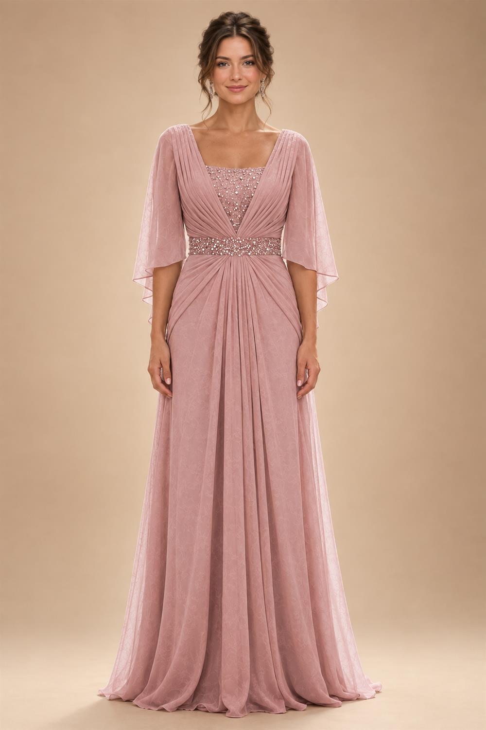 A-Line Chiffon Pleated Long Mother of the Bride & Groom Dresses with 3/4 Flutter Sleeves & Sequin Waist (SHI22500702)