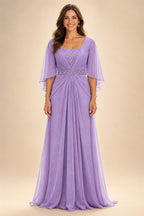 A-Line Chiffon Pleated Long Mother of the Bride & Groom Dresses with 3/4 Flutter Sleeves & Sequin Waist (SHI22500702)