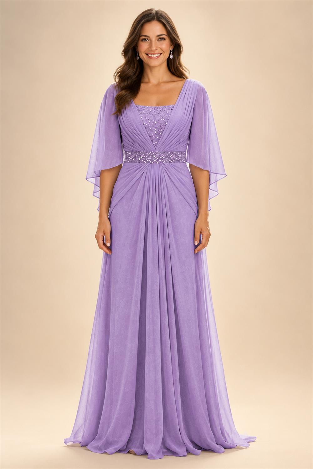 A-Line Chiffon Pleated Long Mother of the Bride & Groom Dresses with 3/4 Flutter Sleeves & Sequin Waist (SHI22500702)