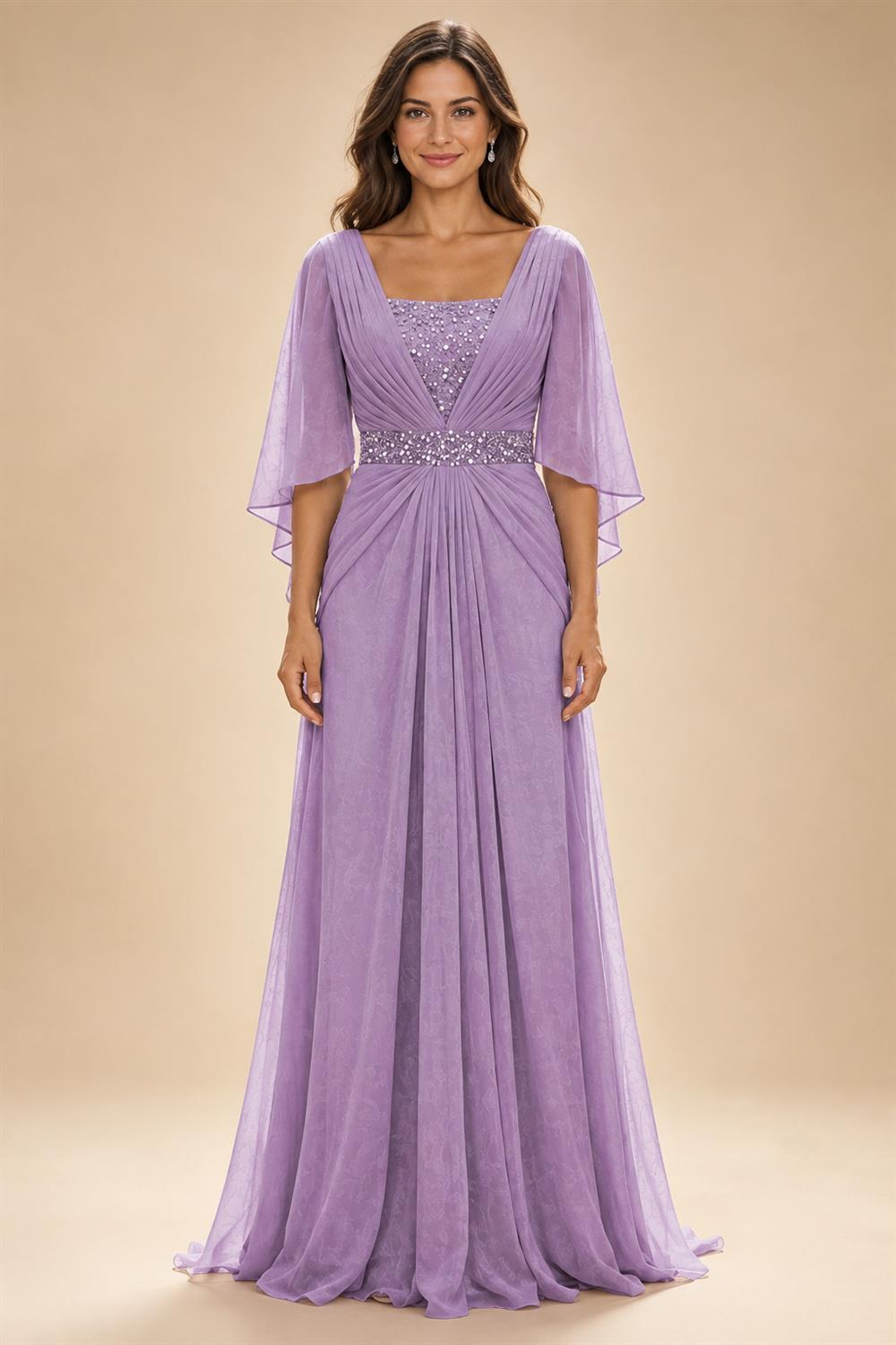 A-Line Chiffon Pleated Long Mother of the Bride & Groom Dresses with 3/4 Flutter Sleeves & Sequin Waist (SHI22500702)