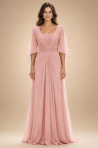 A-Line Chiffon Pleated Long Mother of the Bride & Groom Dresses with 3/4 Flutter Sleeves & Sequin Waist (SHI22500702)