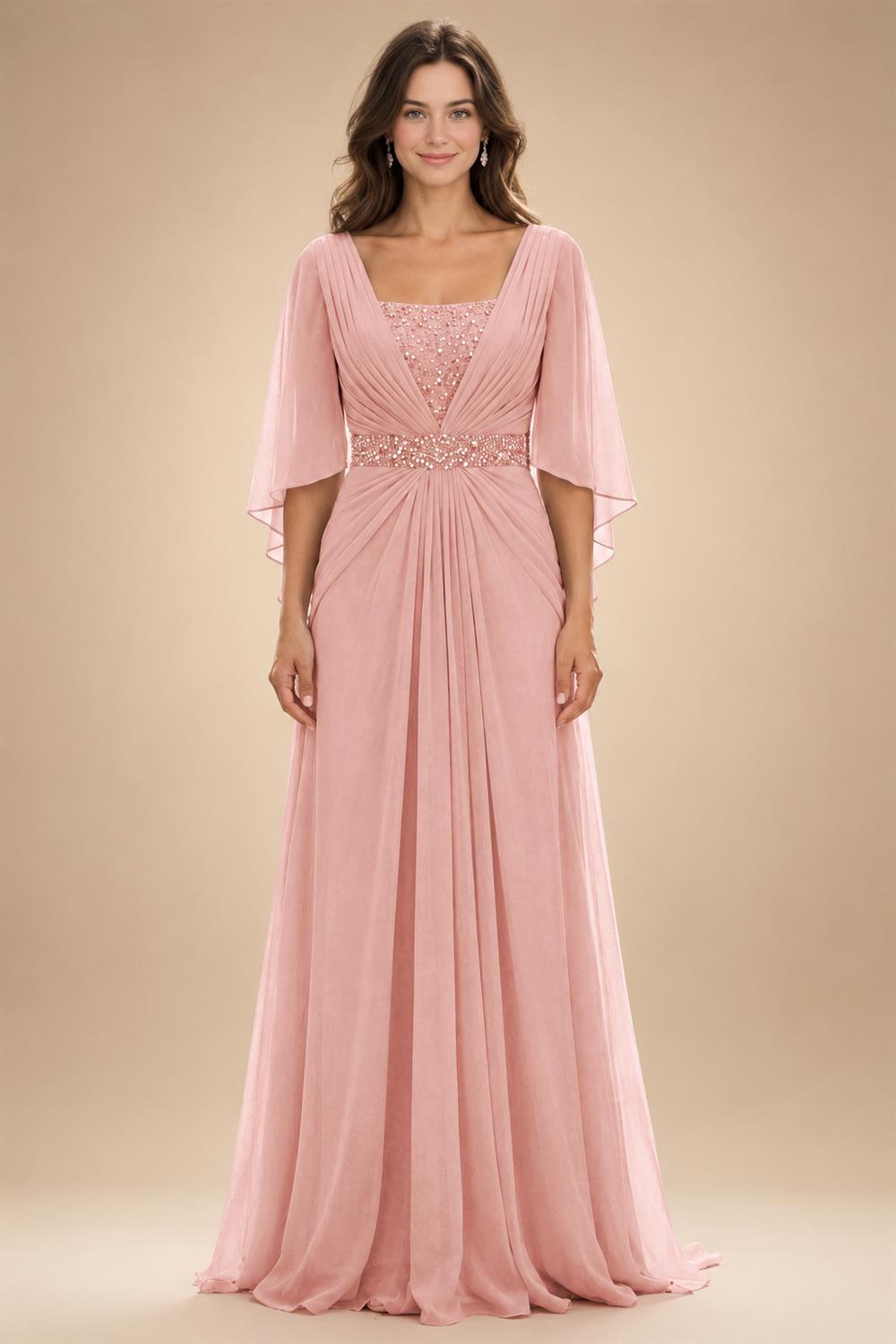 A-Line Chiffon Pleated Long Mother of the Bride & Groom Dresses with 3/4 Flutter Sleeves & Sequin Waist (SHI22500702)