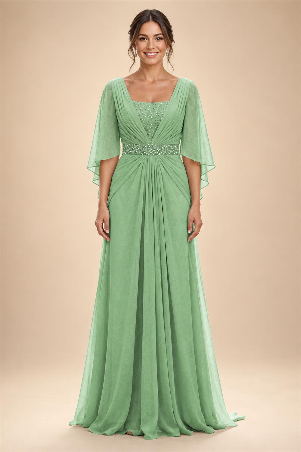 A-Line Chiffon Pleated Long Mother of the Bride & Groom Dresses with 3/4 Flutter Sleeves & Sequin Waist (SHI22500702)