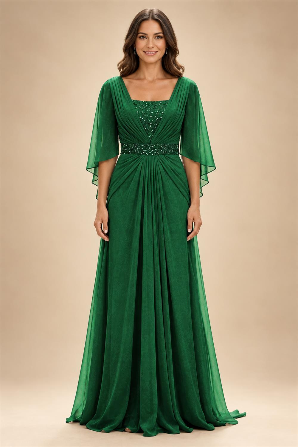 A-Line Chiffon Pleated Long Mother of the Bride & Groom Dresses with 3/4 Flutter Sleeves & Sequin Waist (SHI22500702)