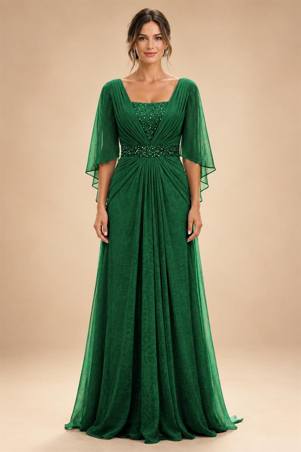 A-Line Chiffon Pleated Long Mother of the Bride & Groom Dresses with 3/4 Flutter Sleeves & Sequin Waist (SHI22500702)