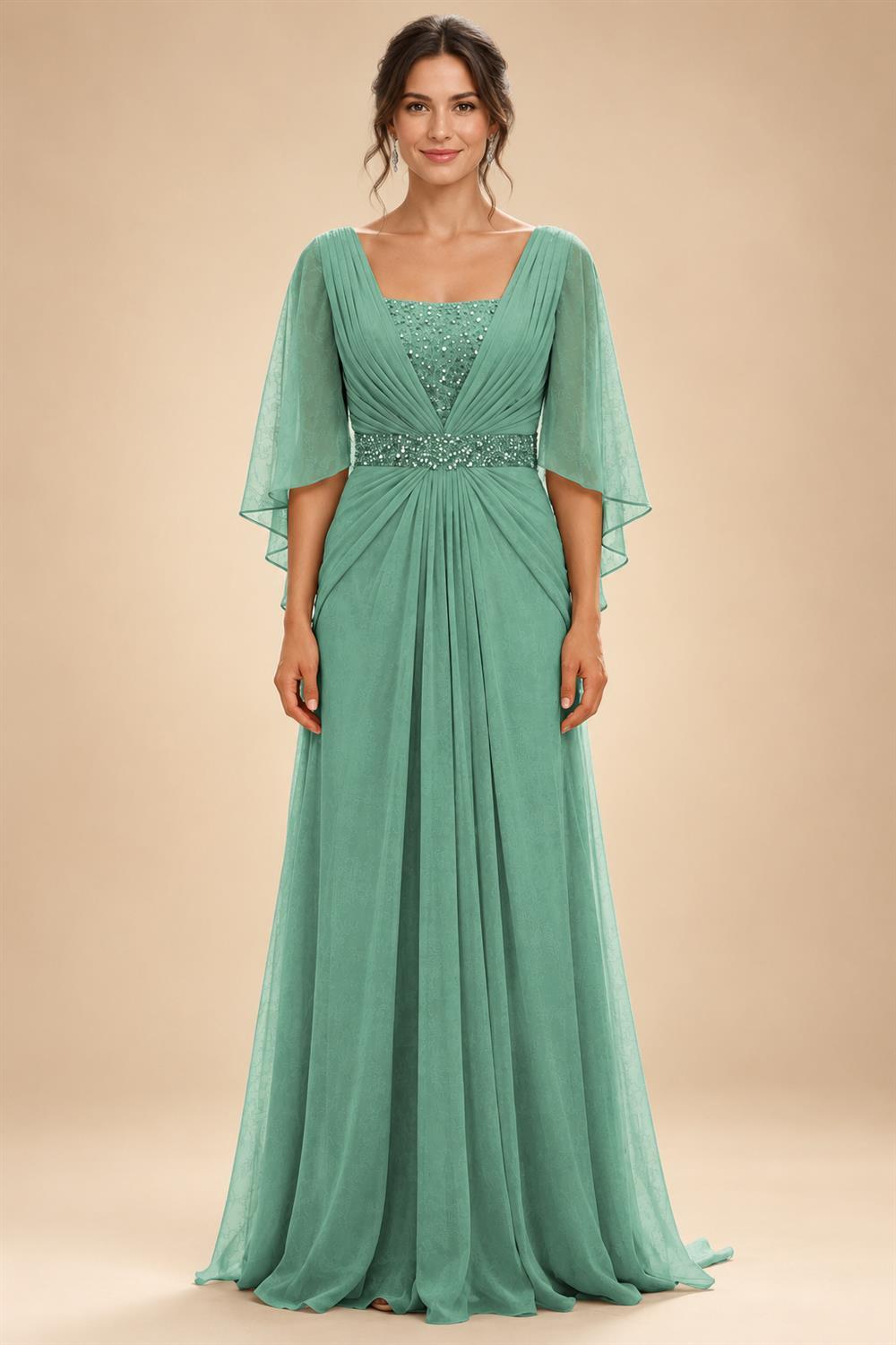 A-Line Chiffon Pleated Long Mother of the Bride & Groom Dresses with 3/4 Flutter Sleeves & Sequin Waist (SHI22500702)