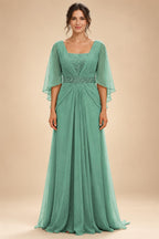A-Line Chiffon Pleated Long Mother of the Bride & Groom Dresses with 3/4 Flutter Sleeves & Sequin Waist (SHI22500702)