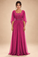 A-Line Chiffon Pleated Long Mother of the Bride & Groom Dresses with 3/4 Flutter Sleeves & Sequin Waist (SHI22500702)