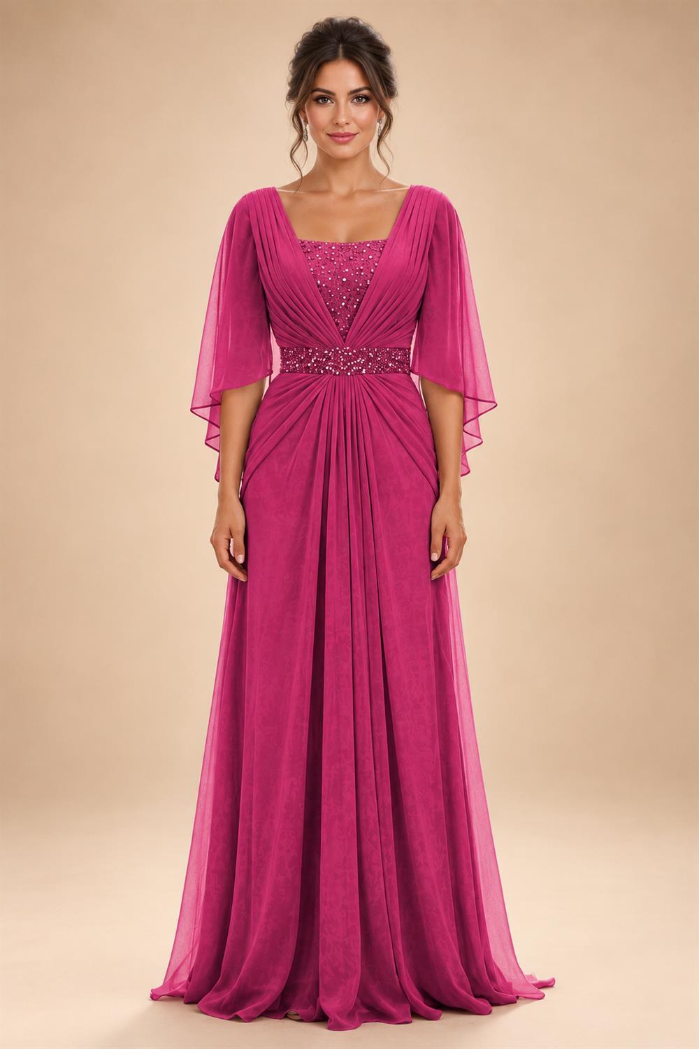 A-Line Chiffon Pleated Long Mother of the Bride & Groom Dresses with 3/4 Flutter Sleeves & Sequin Waist (SHI22500702)