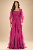 A-Line Chiffon Pleated Long Mother of the Bride & Groom Dresses with 3/4 Flutter Sleeves & Sequin Waist (SHI22500702)
