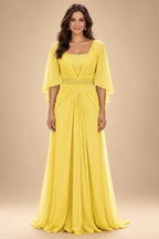 A-Line Chiffon Pleated Long Mother of the Bride & Groom Dresses with 3/4 Flutter Sleeves & Sequin Waist (SHI22500702)