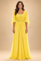 A-Line Chiffon Pleated Long Mother of the Bride & Groom Dresses with 3/4 Flutter Sleeves & Sequin Waist (SHI22500702)