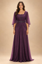 A-Line Chiffon Pleated Long Mother of the Bride & Groom Dresses with 3/4 Flutter Sleeves & Sequin Waist (SHI22500702)