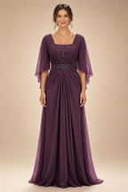 A-Line Chiffon Pleated Long Mother of the Bride & Groom Dresses with 3/4 Flutter Sleeves & Sequin Waist (SHI22500702)