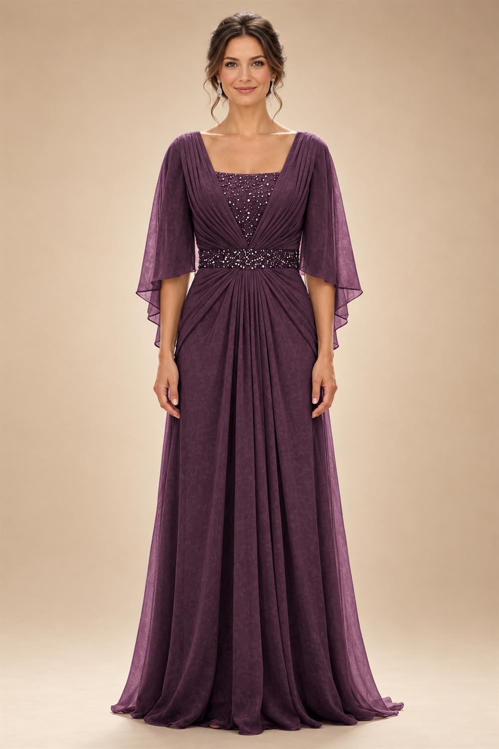 A-Line Chiffon Pleated Long Mother of the Bride & Groom Dresses with 3/4 Flutter Sleeves & Sequin Waist (SHI22500702)