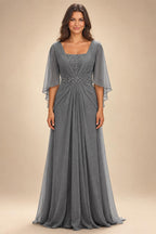 A-Line Chiffon Pleated Long Mother of the Bride & Groom Dresses with 3/4 Flutter Sleeves & Sequin Waist (SHI22500702)