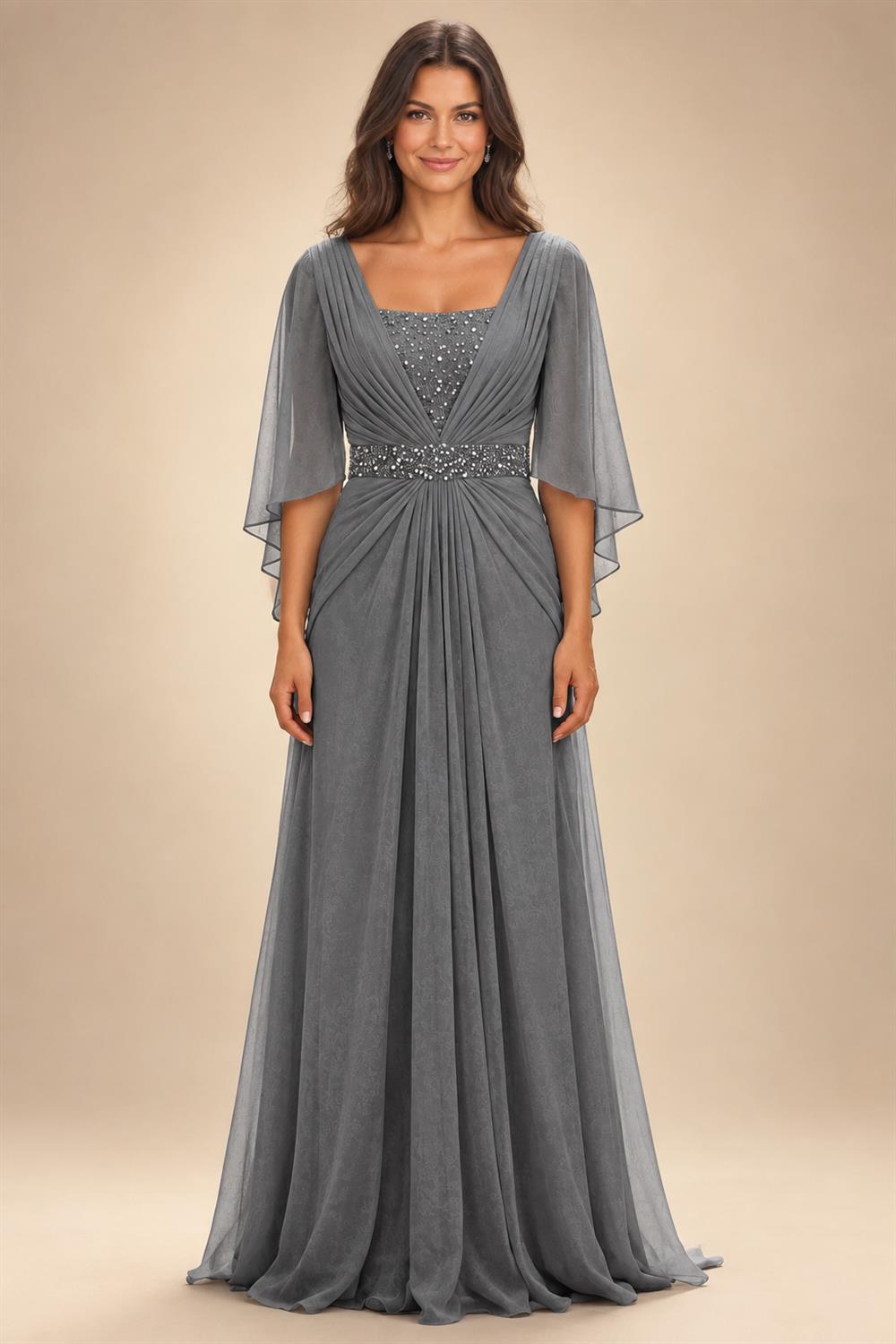 A-Line Chiffon Pleated Long Mother of the Bride & Groom Dresses with 3/4 Flutter Sleeves & Sequin Waist (SHI22500702)
