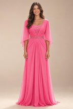 A-Line Chiffon Pleated Long Mother of the Bride & Groom Dresses with 3/4 Flutter Sleeves & Sequin Waist (SHI22500702)