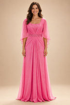 A-Line Chiffon Pleated Long Mother of the Bride & Groom Dresses with 3/4 Flutter Sleeves & Sequin Waist (SHI22500702)