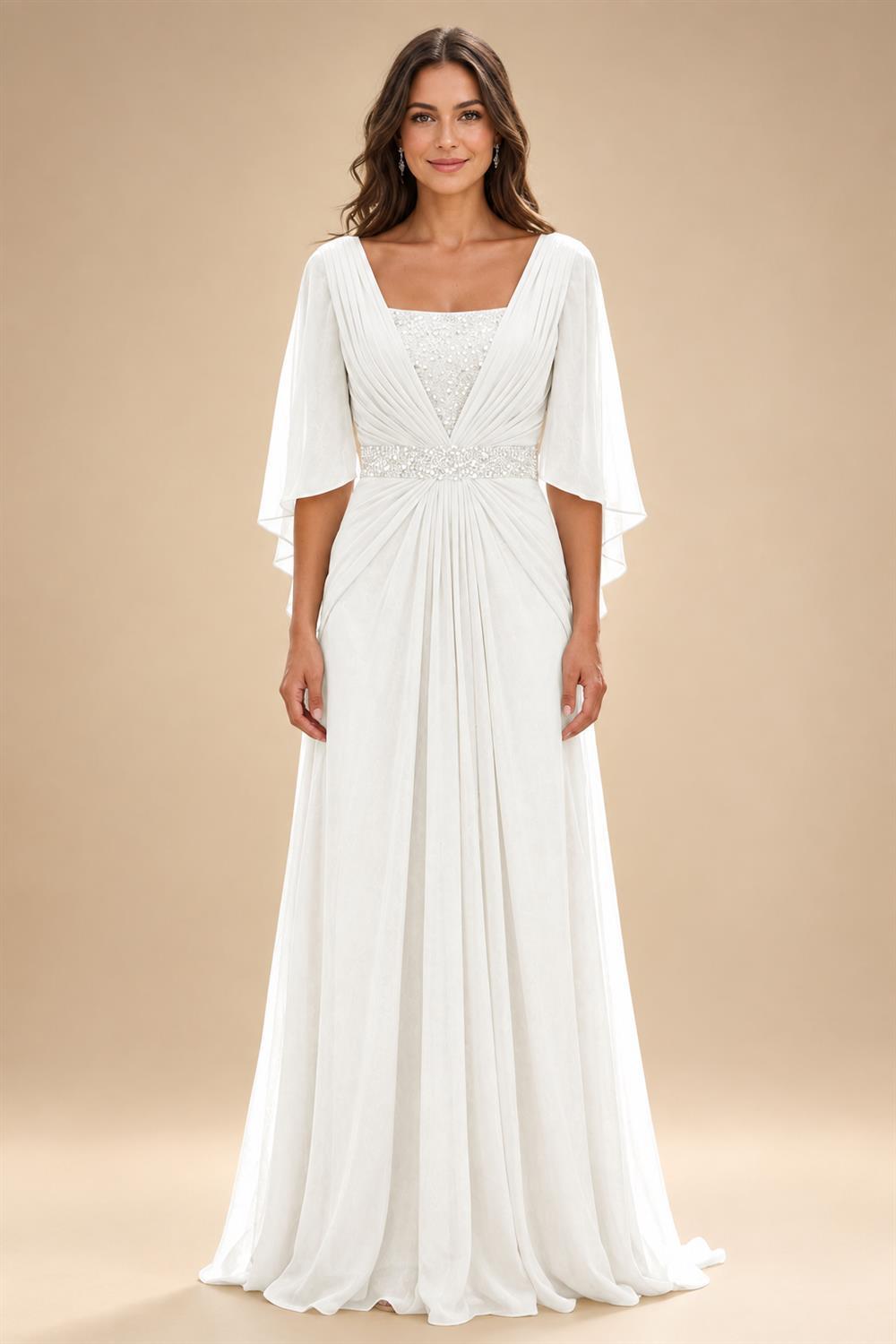 A-Line Chiffon Pleated Long Mother of the Bride & Groom Dresses with 3/4 Flutter Sleeves & Sequin Waist (SHI22500702)