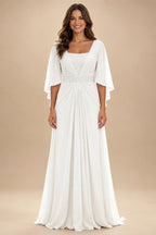 A-Line Chiffon Pleated Long Mother of the Bride & Groom Dresses with 3/4 Flutter Sleeves & Sequin Waist (SHI22500702)