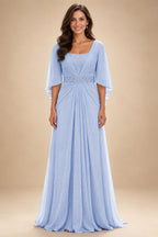 A-Line Chiffon Pleated Long Mother of the Bride & Groom Dresses with 3/4 Flutter Sleeves & Sequin Waist (SHI22500702)