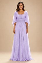 A-Line Chiffon Pleated Long Mother of the Bride & Groom Dresses with 3/4 Flutter Sleeves & Sequin Waist (SHI22500702)