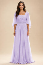 A-Line Chiffon Pleated Long Mother of the Bride & Groom Dresses with 3/4 Flutter Sleeves & Sequin Waist (SHI22500702)