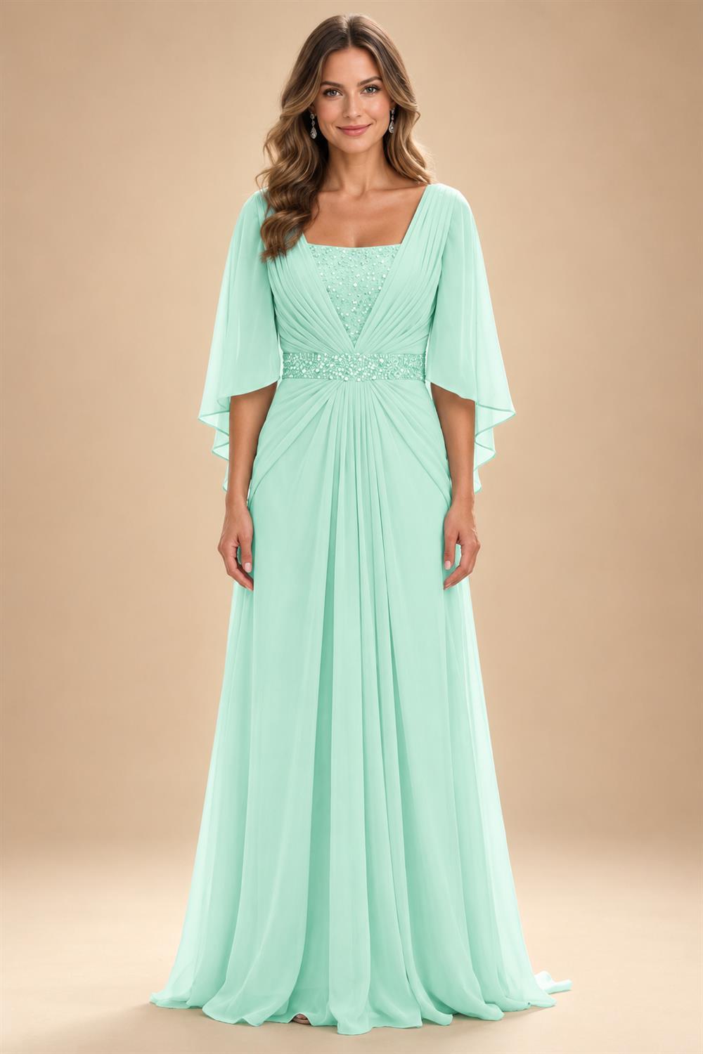 A-Line Chiffon Pleated Long Mother of the Bride & Groom Dresses with 3/4 Flutter Sleeves & Sequin Waist (SHI22500702)