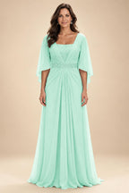 A-Line Chiffon Pleated Long Mother of the Bride & Groom Dresses with 3/4 Flutter Sleeves & Sequin Waist (SHI22500702)