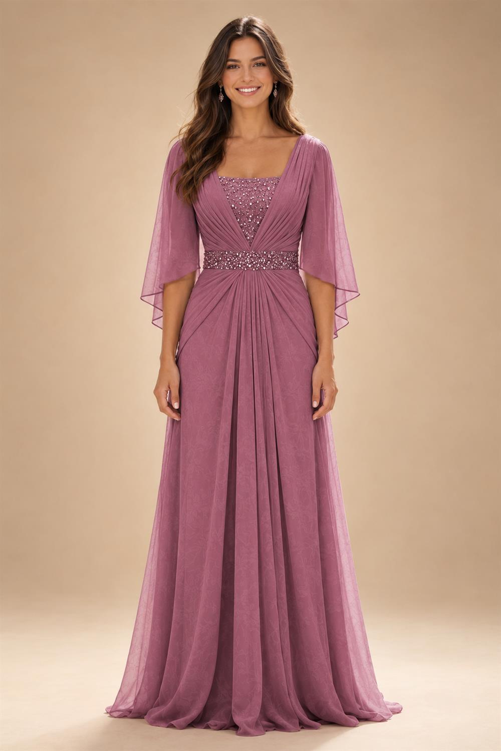 A-Line Chiffon Pleated Long Mother of the Bride & Groom Dresses with 3/4 Flutter Sleeves & Sequin Waist (SHI22500702)