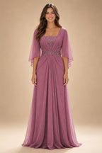 A-Line Chiffon Pleated Long Mother of the Bride & Groom Dresses with 3/4 Flutter Sleeves & Sequin Waist (SHI22500702)