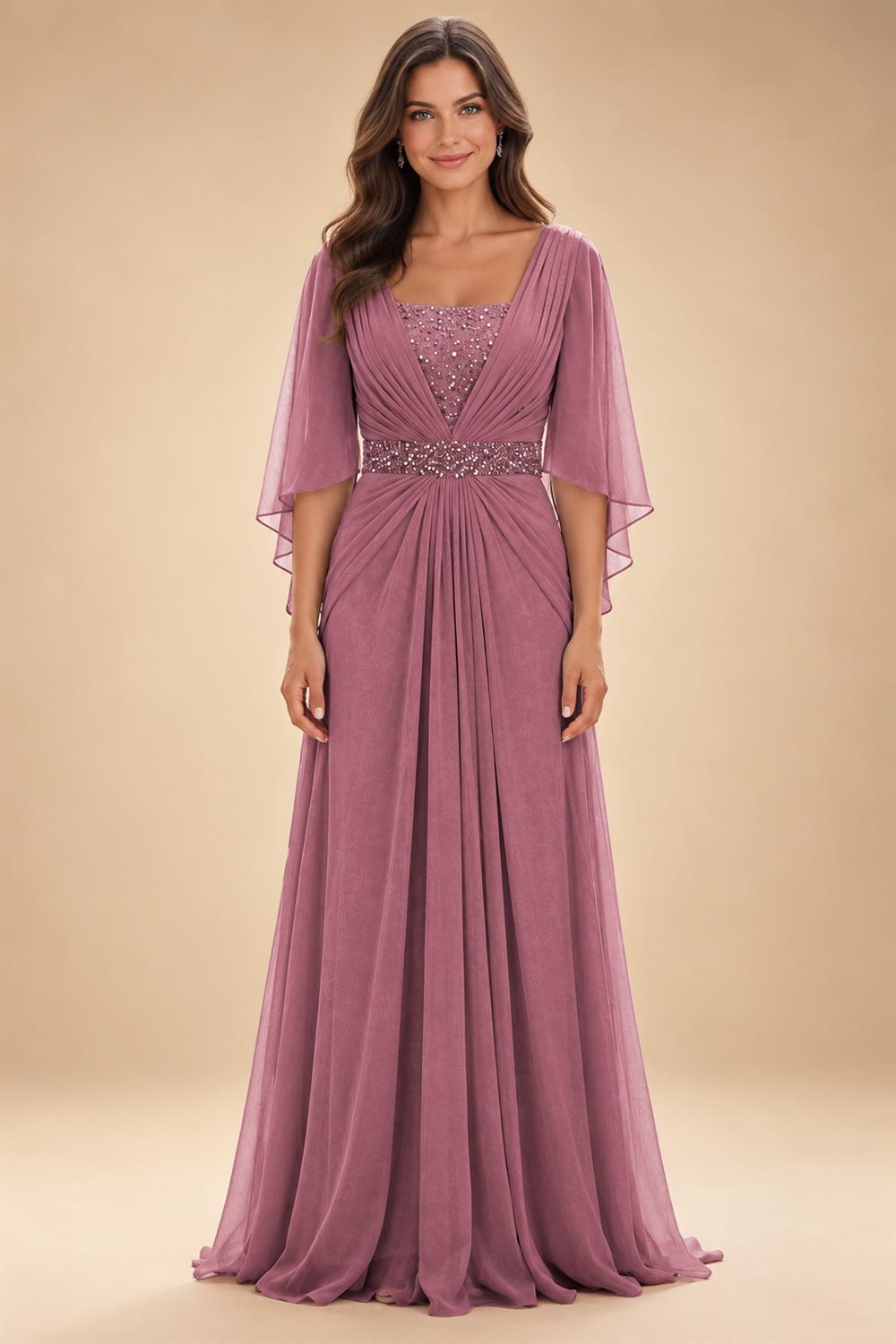 A-Line Chiffon Pleated Long Mother of the Bride & Groom Dresses with 3/4 Flutter Sleeves & Sequin Waist (SHI22500702)