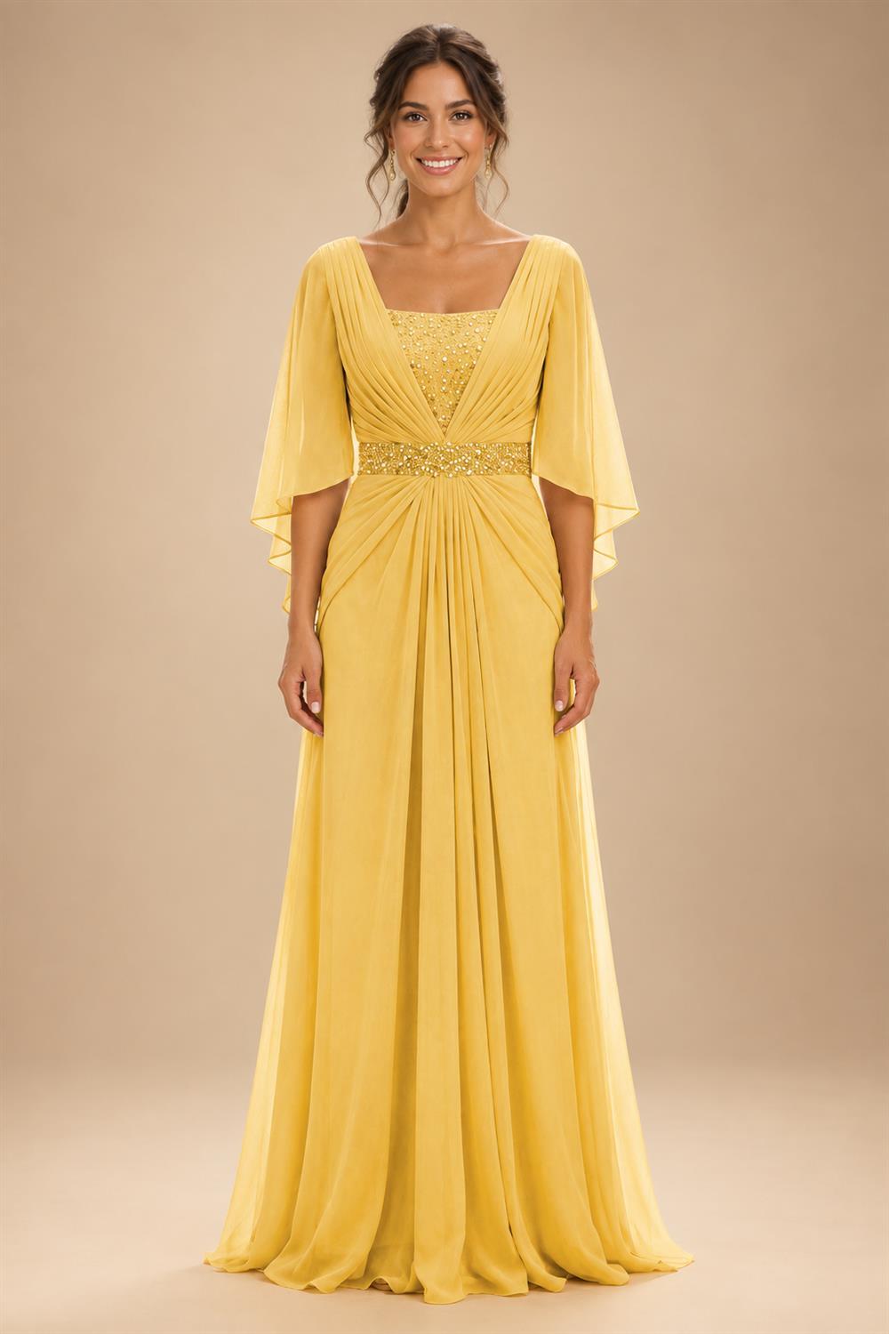 A-Line Chiffon Pleated Long Mother of the Bride & Groom Dresses with 3/4 Flutter Sleeves & Sequin Waist (SHI22500702)