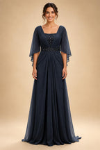 A-Line Chiffon Pleated Long Mother of the Bride & Groom Dresses with 3/4 Flutter Sleeves & Sequin Waist (SHI22500702)