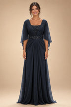 A-Line Chiffon Pleated Long Mother of the Bride & Groom Dresses with 3/4 Flutter Sleeves & Sequin Waist (SHI22500702)