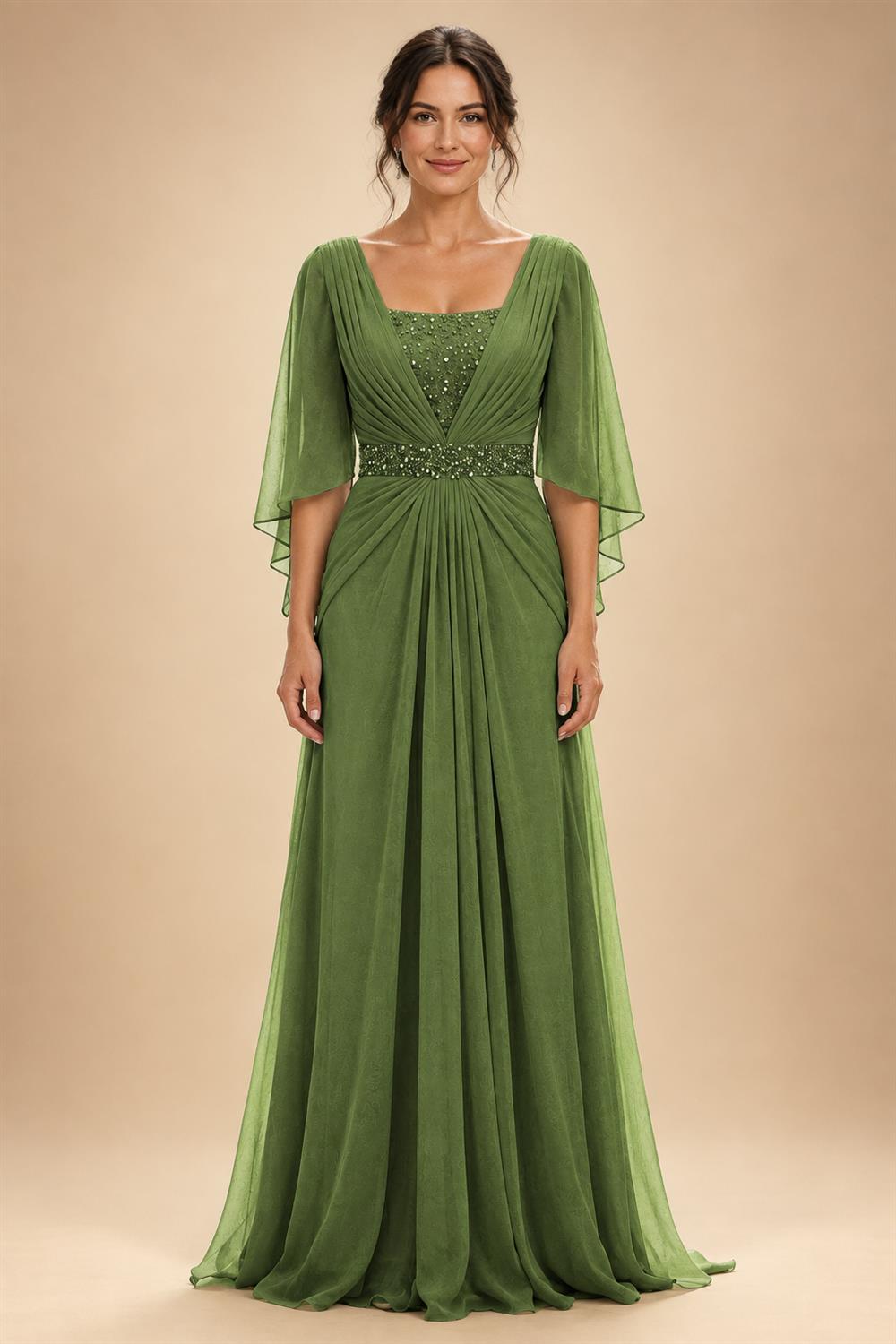 A-Line Chiffon Pleated Long Mother of the Bride & Groom Dresses with 3/4 Flutter Sleeves & Sequin Waist (SHI22500702)