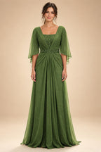 A-Line Chiffon Pleated Long Mother of the Bride & Groom Dresses with 3/4 Flutter Sleeves & Sequin Waist (SHI22500702)